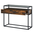 Industrial Style Entryway Console Table Desk with Drawers, Toughened Glass Shelf, 3D Wood Grain