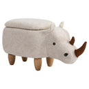 Polyester Upholstered Rhino Storage Stool Cute Decoration Footrest Wood Frame Legs w/ Padding Lid Ottoman Animal Furniture, 36H x 70L x 35Wcm-Cream