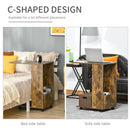 Mobile Sofa Side Table C-Shape End Table with Storage and Casters for Laptop Coffee Snack, Rustic Brown w/ Casters