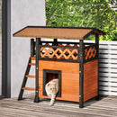PawHut Cat House Outdoor Kitten Shelter Puppy Kennel w/ Balcony Stairs Roof