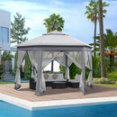 Outsunny 4x4m Hexagon Gazebo w/ Metal Frame Mesh Curtains Outdoor Garden, Grey