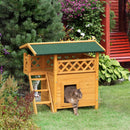 PawHut Cat House Outdoor Kitten Shelter Puppy Kennel w/ Balcony Stairs Roof