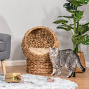 PawHut Elevated Kitten Hooded Rattan Cat House Basket Cushion, 42x33x52cm Brown