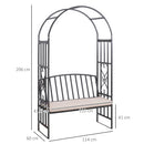 Outsunny Garden Arbor Arch Metal Bench Padded Seat Outdoor Decoration Patio