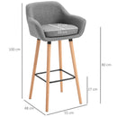 HOMCOM 2 PCs Upholstered Bucket Seat Bar Stools w/ Solid Wood Legs Grey