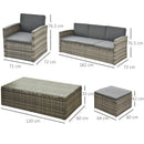 Outsunny 5 PCs Rattan Cushion 3-Seater Single Sofa Stool Glass Coffee Table