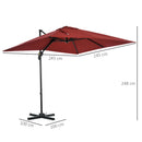 Outsunny Square Cantilever Roma Parasol 360° Rotation w/ Hand Crank, Wine Red