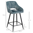 HOMCOM Bar Stools Set of 2, Velvet-Touch Fabric Counter Height Bar Chairs Blue