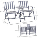 Outsunny Folding Steel Double Seat Garden Loveseat Bench Patio Chair Table Grey