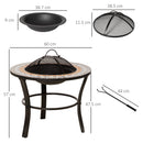Outsunny 60cm Round Firepit with Mosaic Outer, Mesh Screen Lid and Poker