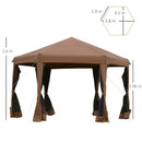 Outsunny 3.2m Pop Up Gazebo Hexagonal Canopy Tent Outdoor w/Sidewalls Brown