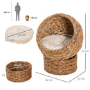 PawHut Elevated Kitten Hooded Rattan Cat House Basket Cushion, 42x33x52cm Brown