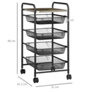 HOMCOM Storage Trolley Rolling Utility Cart with 4 Mesh Basket for Kitchen Black