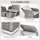 Outsunny 6pc Padded Outdoor Rattan Wicker 3-Seat Sofa Recliner Footstool Table - Light Grey