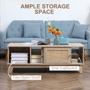 HOMCOM Coffee Table with Storage, Tea Table with Sliding Doors & Natural Rattan
