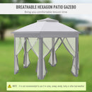 Outsunny 4x4m Hexagon Gazebo w/ Metal Frame Mesh Curtains Outdoor Garden, Grey