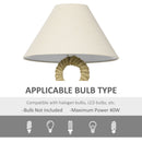 HOMCOM Farmhouse Table Lamp with Fabric Lampshade Twisted Hemp Rope for Study