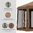 Outsunny 3.2m Pop Up Gazebo Hexagonal Canopy Tent Outdoor w/Sidewalls Brown