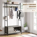 HOMCOM Coat Rack Stand, Shoe Bench with 5 Hooks and Storage Cabinet Grey