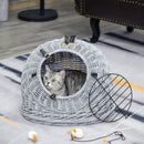 Wicker Cat Basket W/ Mat Handle Kitten Pussy Enclosed Bed Portable - Grey