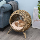 PawHut Rattan Elevated Cat House Kitten Bed Pet Furniture w/ Cushion Natural