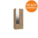 Buckingham Ready Assembled Wardrobe with 2 Doors, Drawers & Mirror - Natural Rustic Oak