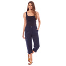 Ladies Linen 3/4 Length Button Trousers - Navy