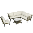 Outsunny Rattan Corner Sofa, Rattan Garden Furniture w/Glass Top Two-tier Table