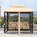 Outsunny 3 Seater Swing Chair 3-in-1 Convertible Garden Swing Seat Bed Gazebo Patio Bench Outdoor with Double Tier Canopy, Cushioned Seat, Mesh Sidewalls, Beige