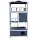 PawHut Wooden Outdoor Cat House 3-Tier Kitten Shelter W/ Tilted Roof Grey