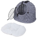 Wicker Cat Basket W/ Mat Handle Kitten Pussy Enclosed Bed Portable - Grey