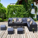Outsunny 9-Seater Garden Rattan Furniture 10 Pcs Rattan Corner Dining Sofa Set, Grey/Dusty Blue Cushion