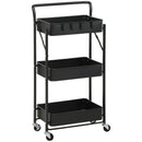 HOMCOM Rolling Utility Cart with 3 Mesh Basket 4 Hooks for Kitchen Black