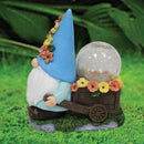 Silver & Stone Outdoor Solar Jinxie Wheelbarrow Gnome with Blue Hat with Yellow Flowers - Crackle Ball Solar Effect