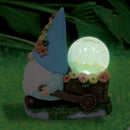 Silver & Stone Outdoor Solar Jinxie Wheelbarrow Gnome with Blue Hat with Yellow Flowers - Crackle Ball Solar Effect