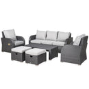 Outsunny 6pc Padded Outdoor Rattan Wicker 3-Seat Sofa Recliner Footstool Table - Light Grey
