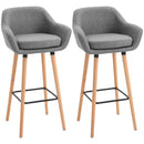HOMCOM 2 PCs Upholstered Bucket Seat Bar Stools w/ Solid Wood Legs Grey