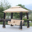 Outsunny 3 Seater Swing Chair 3-in-1 Convertible Garden Swing Seat Bed Gazebo Patio Bench Outdoor with Double Tier Canopy, Cushioned Seat, Mesh Sidewalls, Beige