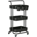 HOMCOM 3-Tier Utility Cart, Rolling Serving Trolley with Baskets and Hooks